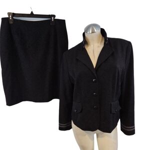 Signature By Larry Levine Size 14P Black Blazer Skirt Suit Set White Trim